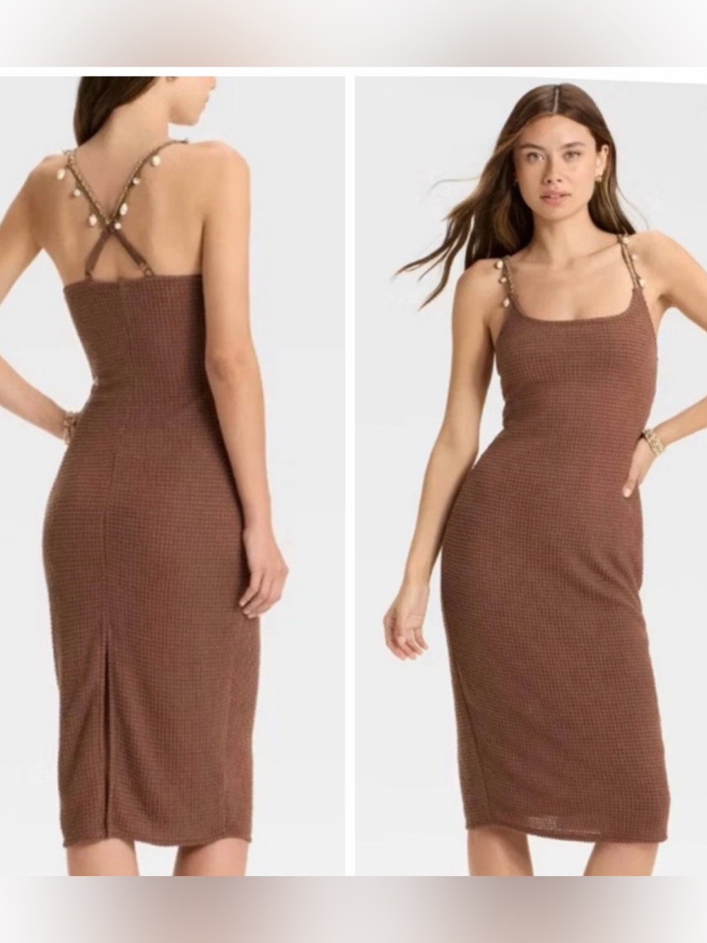 Wild Fable Brown Waffle Knit Midi Dress with Shell-Strap
